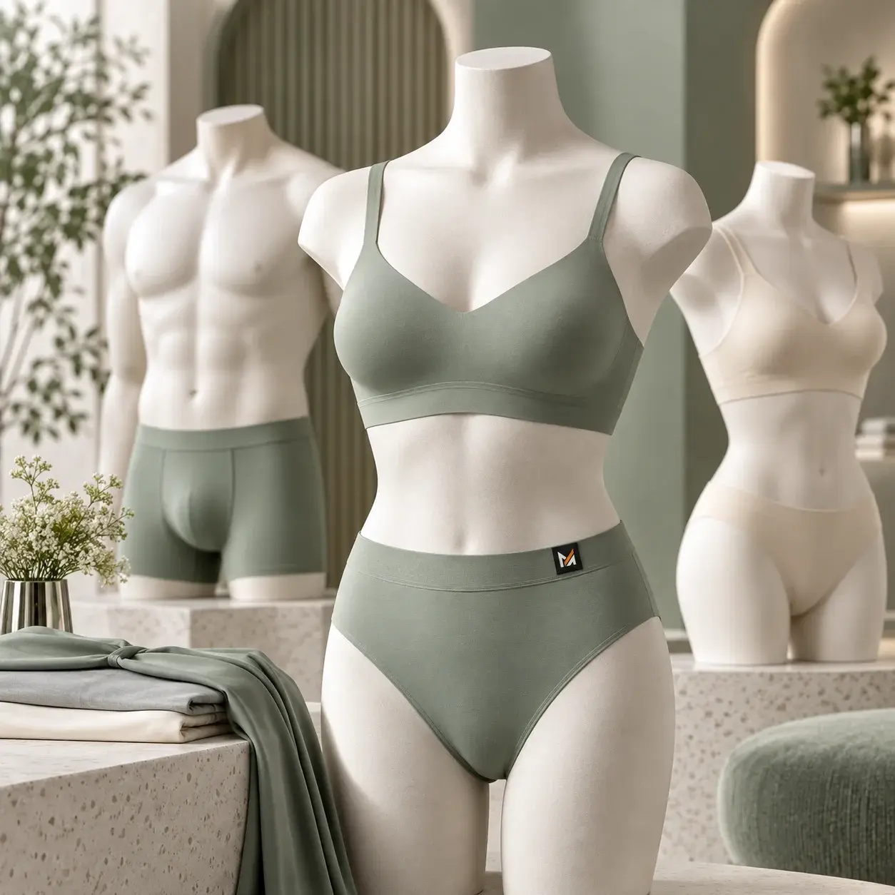 Custom sage green seamless bra and high-waisted briefs displayed on a female mannequin with matching men’s and women’s seamless intimates in a premium showroom.